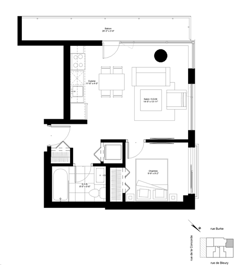 Floor plan for 1 bed, 1 bath, 555 sqft
